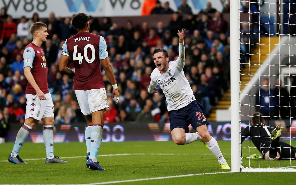 Robertson marca, Aston Villa x Liverpool — Foto:  Reuters/Craig Brough