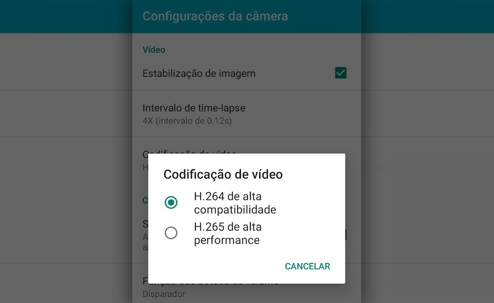 LEGENDA: Opção de uso de H.265 (HEVC) para gravar arquivos de vídeo em celular. Sem software compatível, computador não poderá abrir o arquivo. — Foto: Reprodução