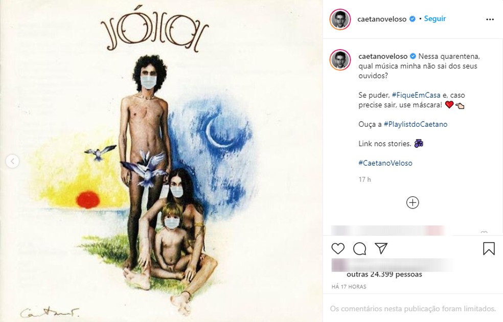 Caetano postou montagem em cima de capas de discos mostrando ele com máscara de proteção — Foto: Reprodução/Instagram