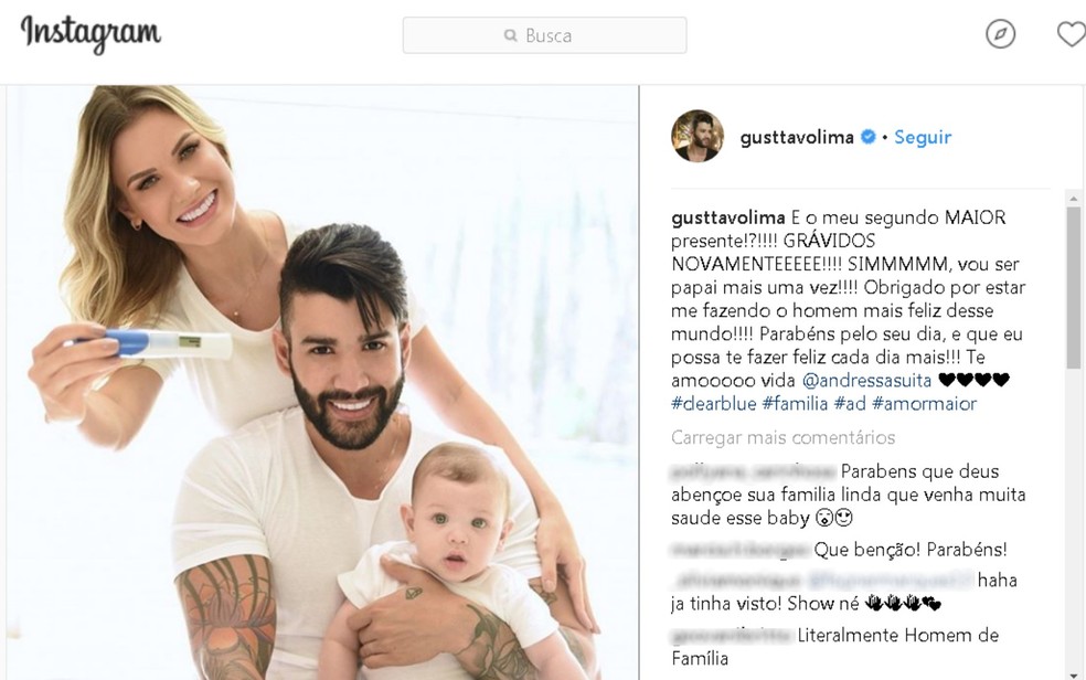 Gusttavo Lima anunciou nas redes sociais que vai ser pai pela segunda vez (Foto: Instagram/ Reprodução)