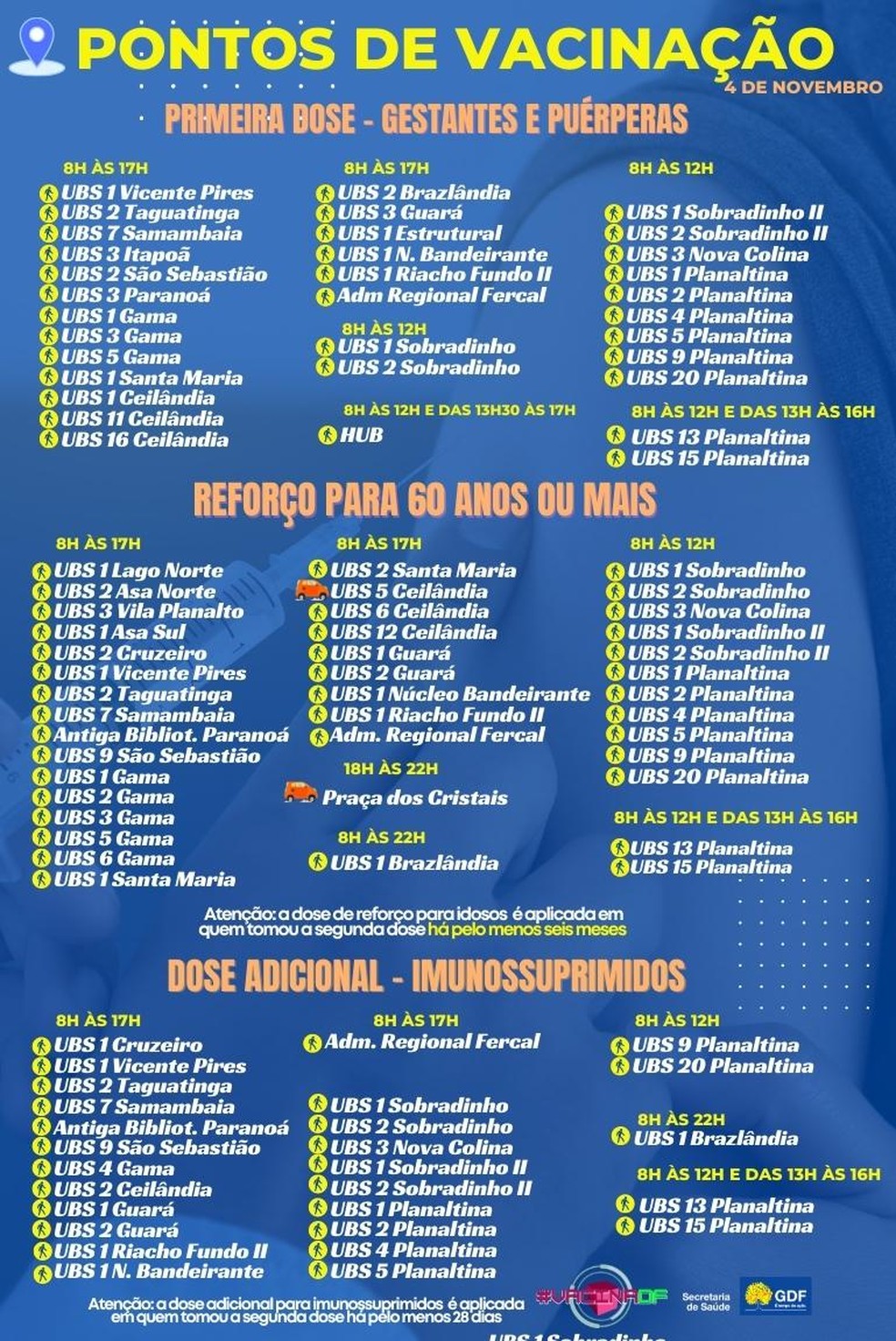 Postos para primeira dose de vacina contra Covid-19 para de gestantes e puérperas, reforço para idosos e imunossuprimidos no DF, em 4 de novembro de 2021  — Foto: Foto: SES-DF/Reprodução