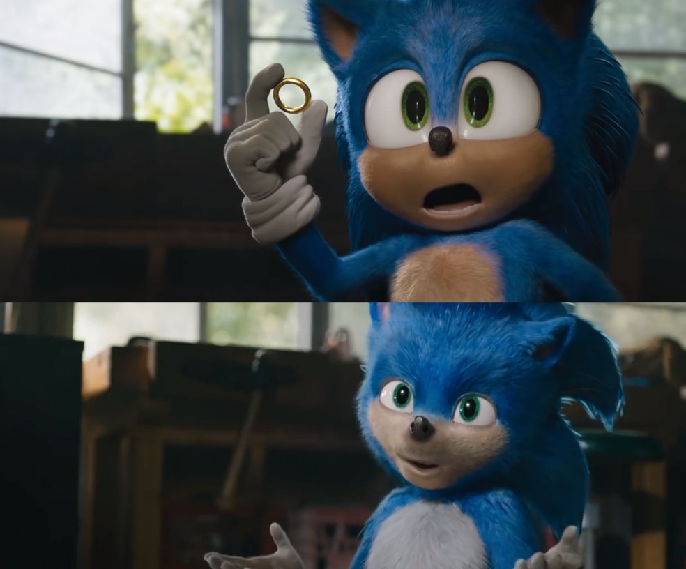 Diferença de visual de 'Sonic': na foto de cima nova versão do ouriço, na outra a versão criticada — Foto: Reprodução/YouTube/Paramount