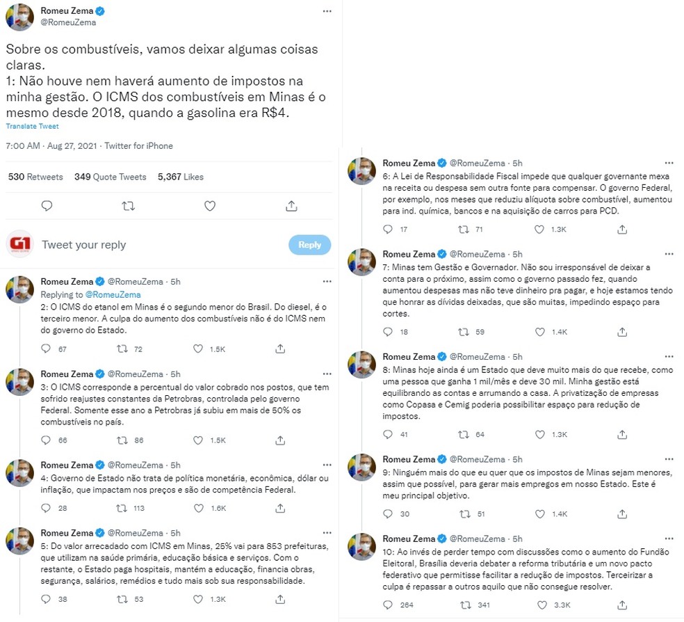 Romeu Zema publica tweets sobre aumento dos combustíveis. — Foto: Reprodução