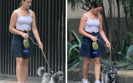 Adriana Birolli passeia com o cachorro no Leblon