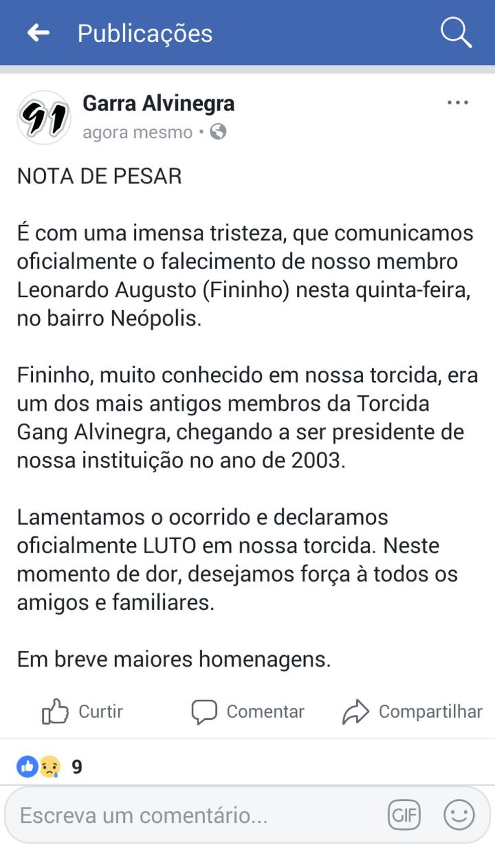 Torcida Garra Alvinegra divulgou nota de pesar no Facebook pelo assassinato do torcedor 'Fininho' em Natal (Foto: Facebook/Reprodução)