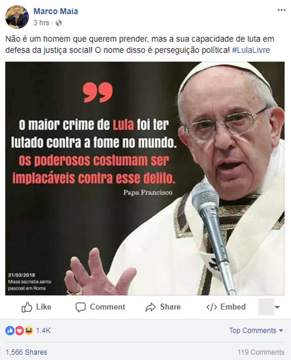 Fala foi compartilhada, inclusive, por ex-presidente da Câmara (Foto: Reprodução/Facebook)