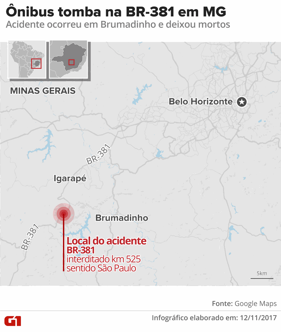 Ônibus tomba na BR-381, em Brumadinho, e deixa mortos e feridos (Foto: Arte/G1)