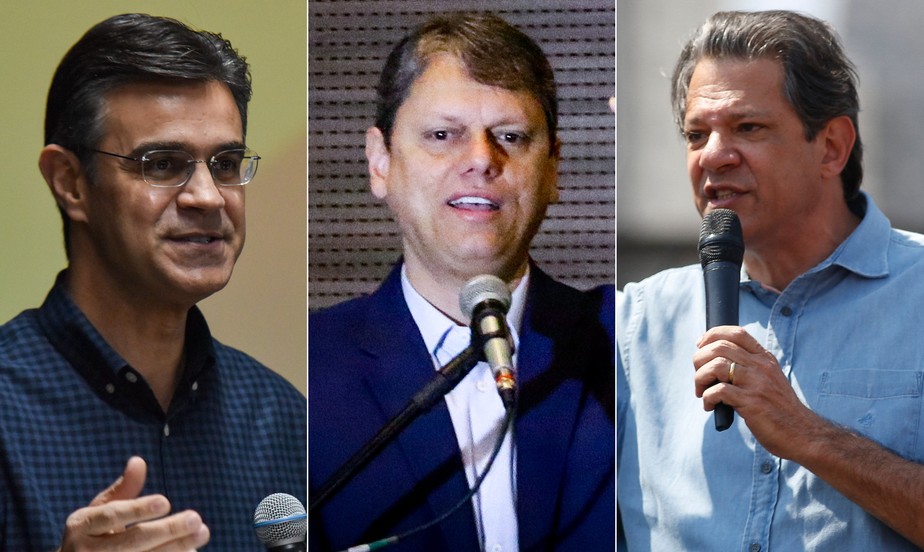 Candidatos ao governo de SP: Rodrigo Garcia (PSDB), Tarcísio de Freitas (Republicanos) e Fernando Haddad (PT)