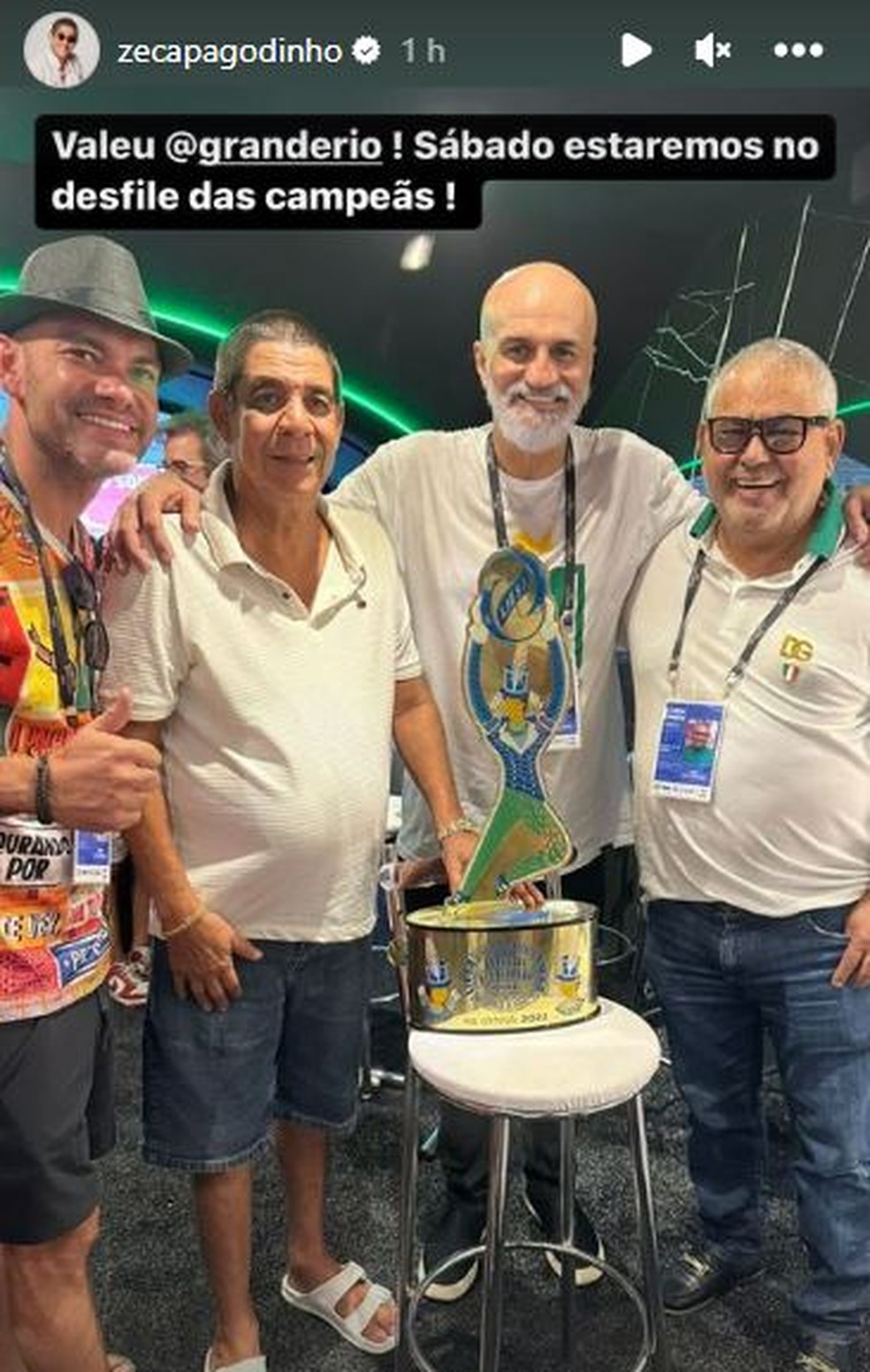 Zeca Pagodinho comemora o 6º lugar da Grande Rio: 'Sábado estaremos no desfile das campeãs'. — Foto: Reprodução redes sociais