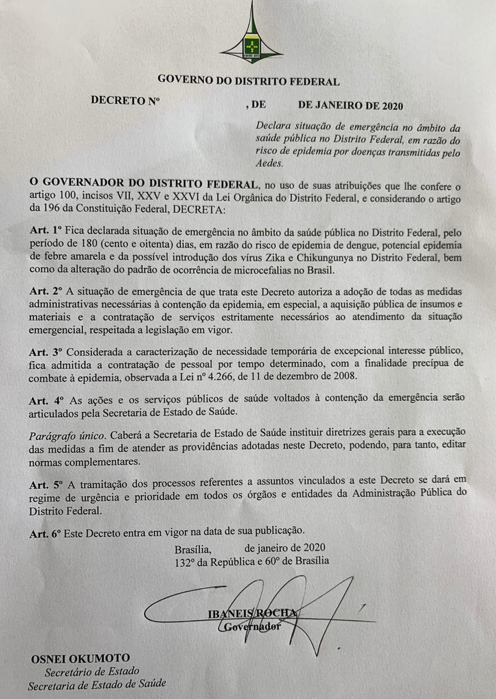 Decreto que instaura estado de emergência na saúde do DF — Foto: Reprodução