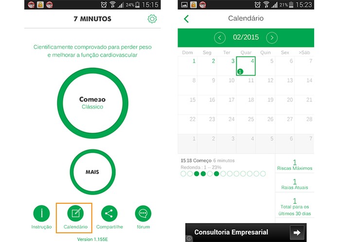 Acessando o calendário com os registros dos treinos (Foto: Reprodução/Barbara Mannara)