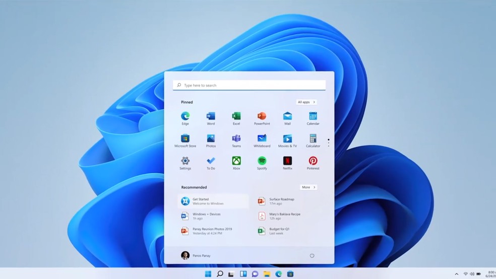 Windows 11 tem mudanças no menu Iniciar e na barra de tarefas. — Foto: Reprodução