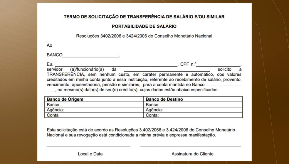 Servidor pode preencher termo de solicitação de transferência e receber o salário na conta utilizada atualmente (Foto: Reprodução/TV Cabo Branco)