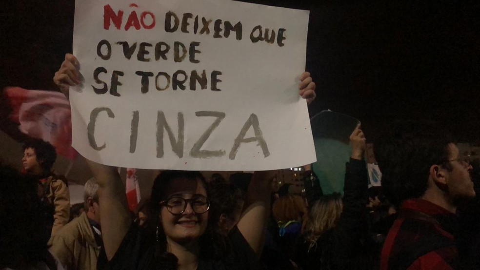 SÃO PAULO, 18H47: "Não deixem que o verde se torne cinza", diz cartaz. — Foto: Beatriz Magalhães/G1