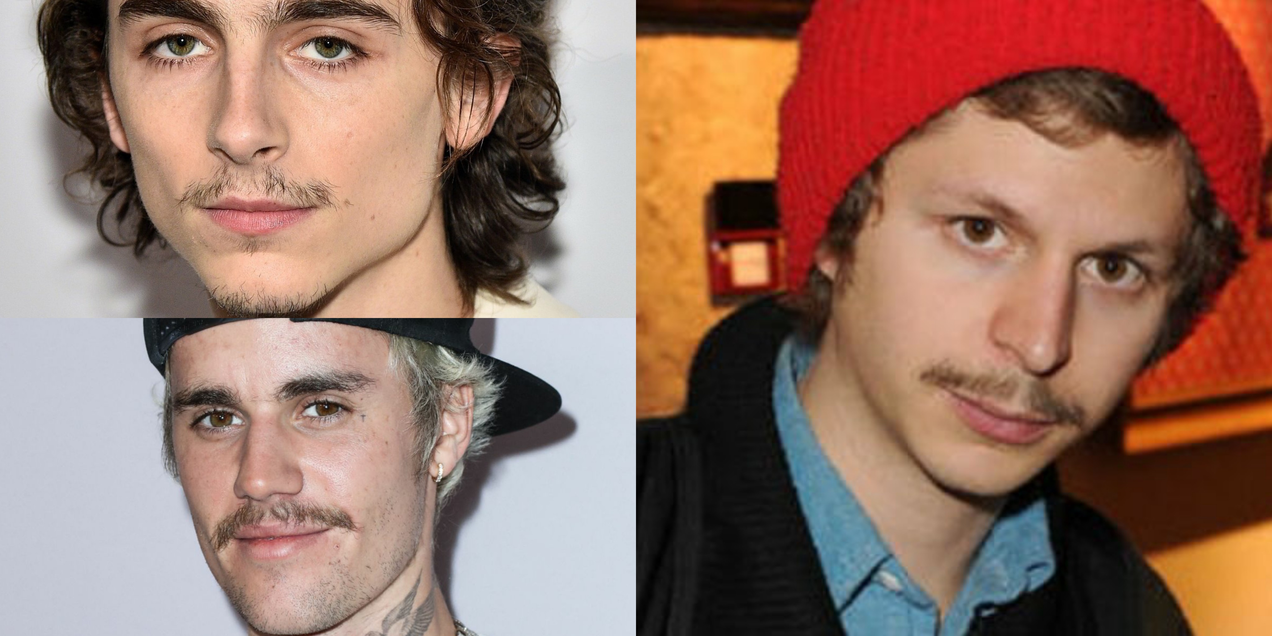 Timothée Chalamet (esq. acima), Justin Bieber (esq. abaixo) e Michael Cera (dir.): o triunvirato do bigode desajeitado (Foto: Reprodução)
