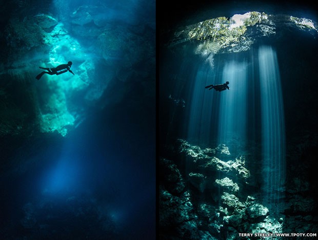 A foto que mostra uma jornada subaquática em um complexo de cavernas na Riviera Maia ganhou na categoria Espírito de Aventura (Foto: Terry Steeley/www.tpoty.com/BBC)