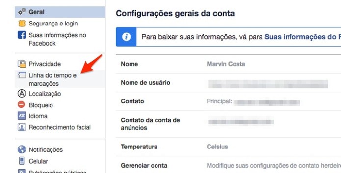 Ação para acessar a opção para linha do tempo e marcações em uma conta do Facebook (Foto: Reprodução/Marvin Costa) Ação para acessar a opção para linha do tempo e marcações em uma conta do Facebook (Foto: Reprodução/Marvin Costa)