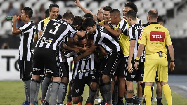 Jogadores do Botafogo comemoram gol da vitÃ³ria sobre o GrÃªmio