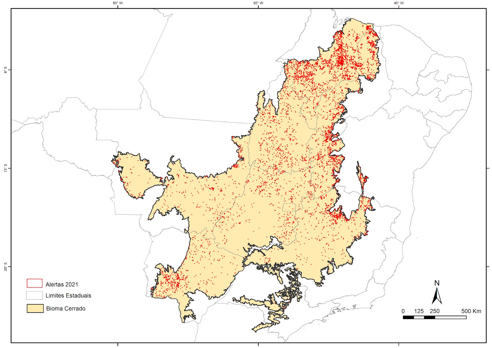 Mapa do bioma Cerrado com os alertas de área desmatada registrados em 2021 (Foto: IPAM/MapBiomas)