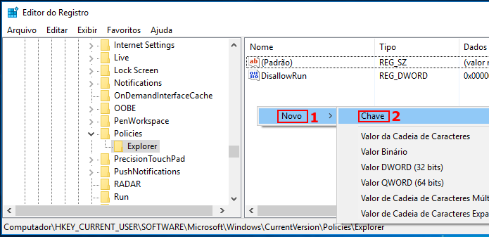 Criando uma nova chave no registro do Windows abaixo de Explorer (Foto: Reprodução/Edivaldo Brito)