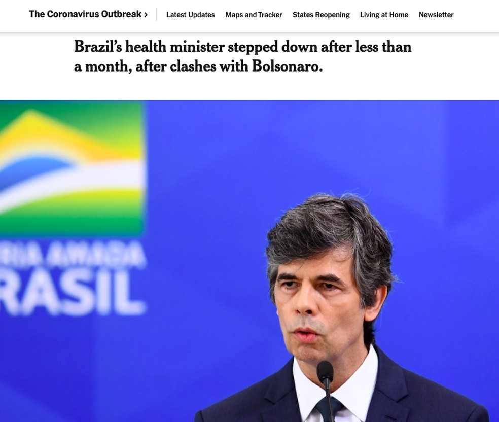 'The New York Times' (EUA): O ministro da Saúde do Brasil deixou o cargo após menos de um mês, após confrontos com Bolsonaro — Foto: Reprodução/The New York Times