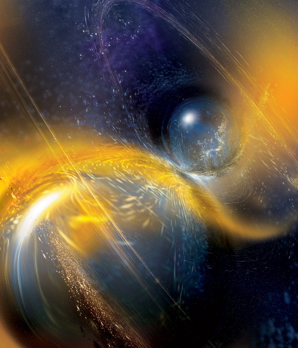 Ilustração artística do choque entre estrelas de nêutrons. — Foto: National Science Foundation/LIGO/Sonoma State University/A. Simonnet.