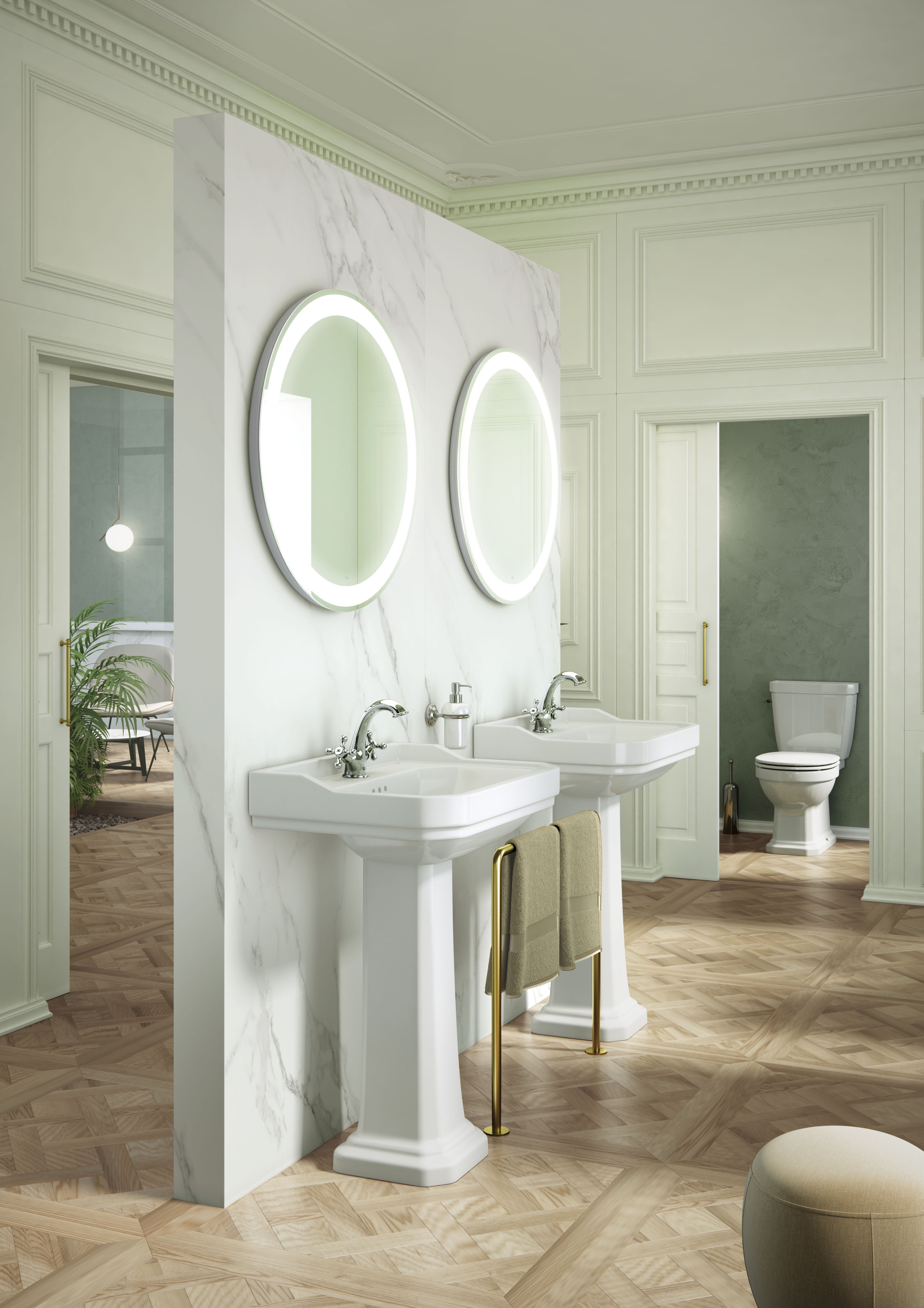 Vintage e moderno se misturam neste banheiro, onde o espelho usado é o modelo Round 800 (Foto: Divulgação)
