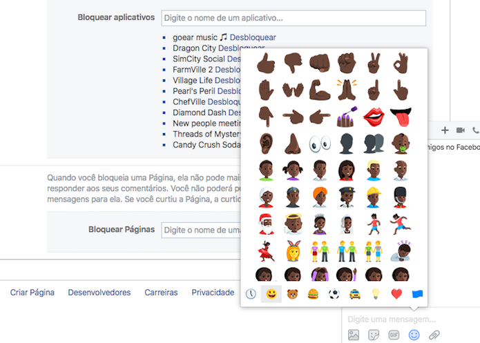 Emojis com a cor de pele definida nas configurações do bate-papo do Facebook (Foto: Reprodução/Marvin Costa)