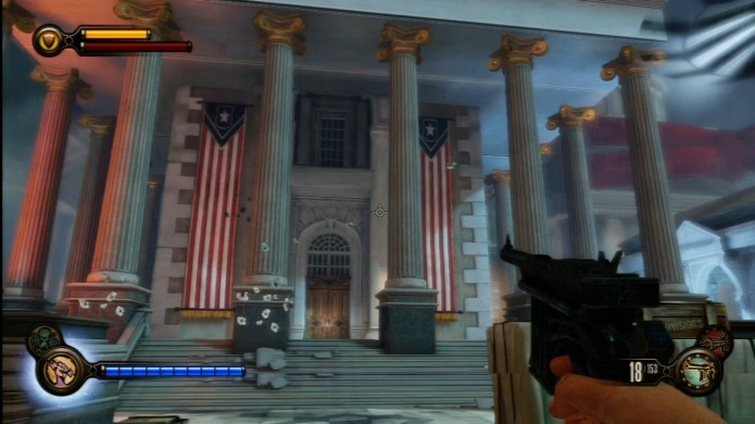 Bioshock Infinite: garanta acesso a este prédio para coletar o gravador (Foto: Reprodução/IGN)