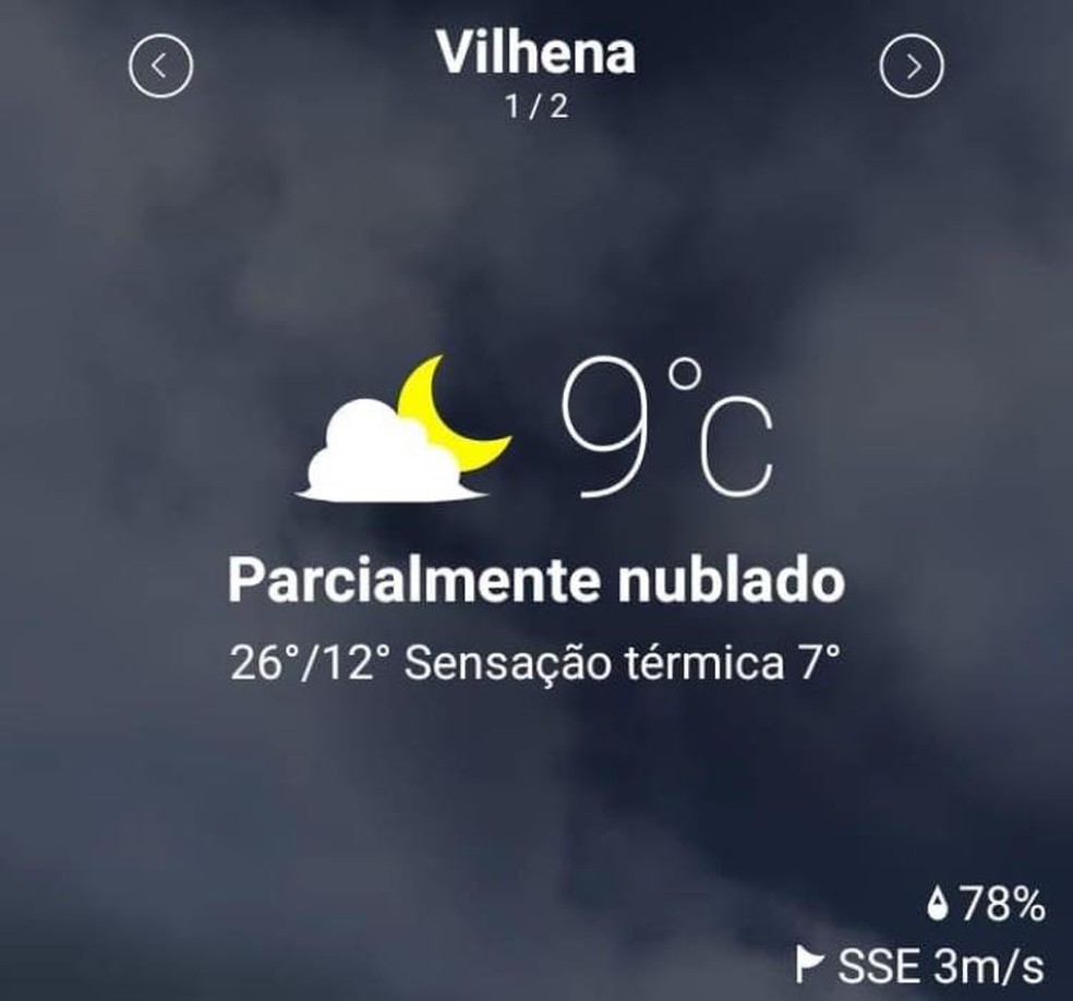 Vilhena marca 9°C de temperatura neste sábado, 22 — Foto: Reprodução