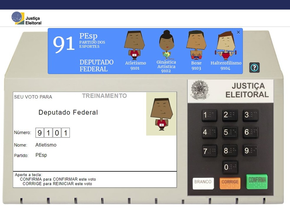 Simulador de urna eletrônica disponível no site do Tribunal Superior Eleitoral — Foto: Reprodução