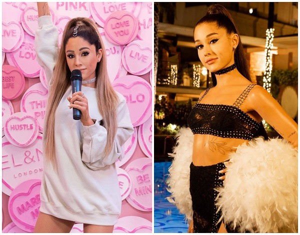 A estátura de cera original de Ariana Grande, divulgada em 2019 e criticada pela artista e seus fãs, e a nova peça, instalada no museu Madame Tussauds de Hollywood (Foto:  Instagram/Facebook)