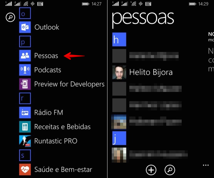 Acesse a agenda do Windows Phone e localize o contato desejado (Foto: Reprodu??o/Helito Bijora) 