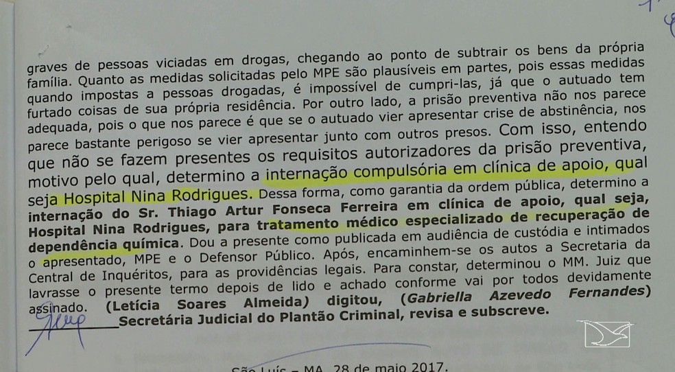 Decisão Judicial que determinava a internação de Thiago no Hospital Nina Rodrigues, em São Luís (Foto: Reprodução/TV Mirante)