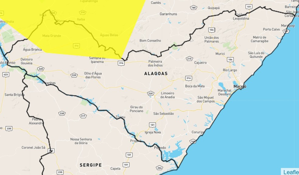 Alto Sertão de Alagoas também teve alerta emitido pelo Inmet — Foto: Inmet