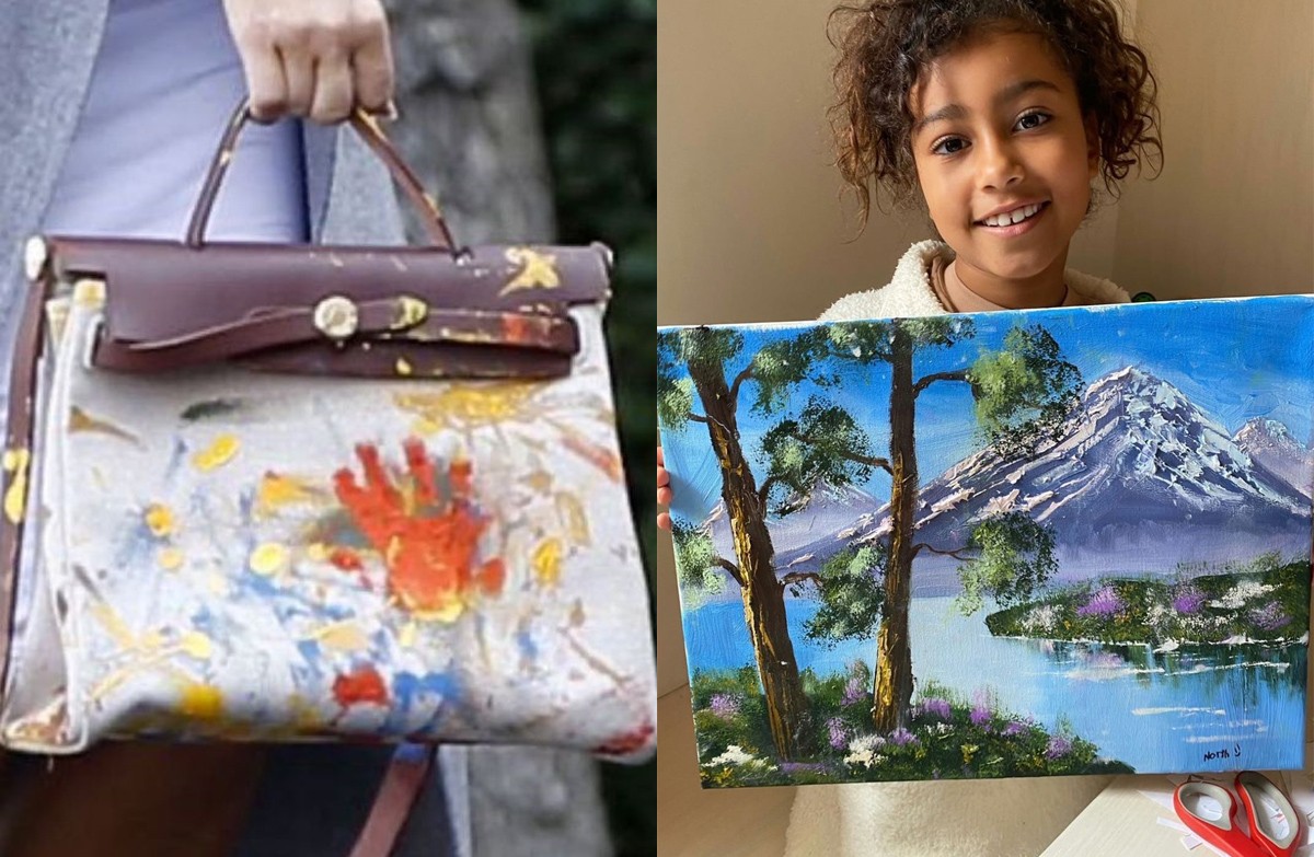 Bolsa de grife pintada por North ainda bebê e a garotinha com quadro que teria sido pintado por ela (Foto: Reprodução)