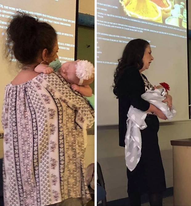 Professora segura bebê durante aula (Foto: Reprodução Facebook)