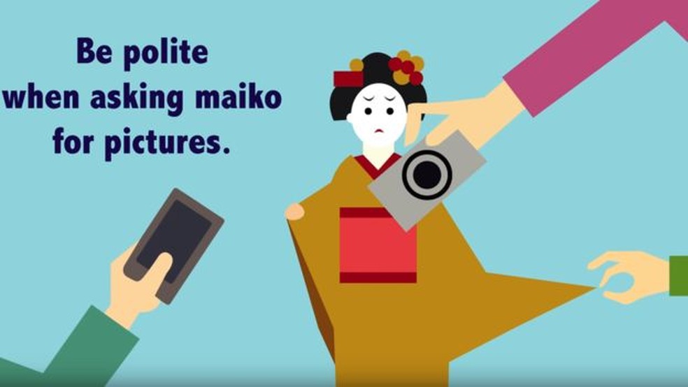 Campanha em 2017 já recomendava pedir autorização antes de fotografar aprendizes de gueixas — Foto: Reprodução/Kyoto Travel Guide