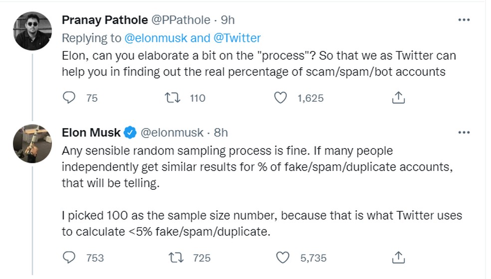 Musk respondeu internauta sobre como será feita a amostra aleatória — Foto: Reprodução/Twitter
