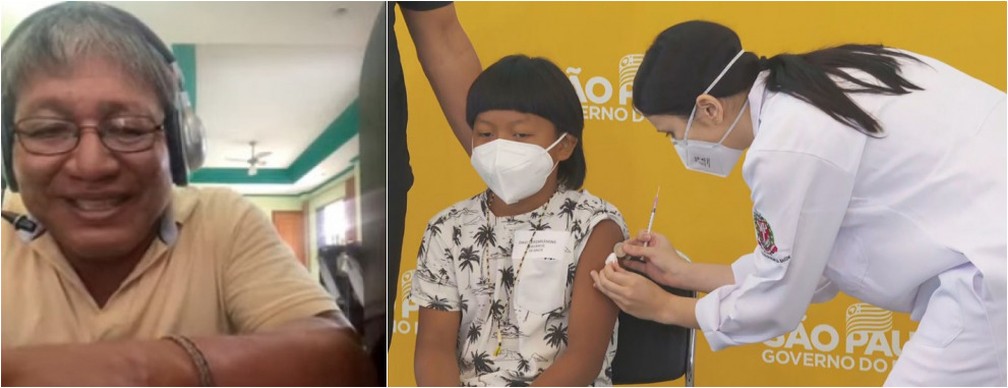 O cacique Jurandir Seremramiwe, da etnia Xavante, acompanha online a vacinação do filho Davi, de 8 anos, em São Paulo. — Foto: Reprodução/TV Globo