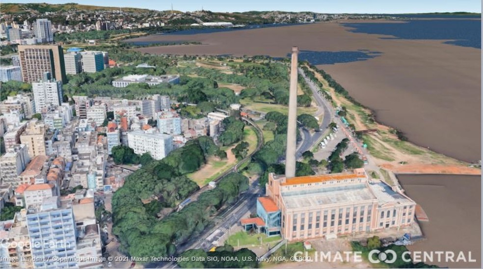 Porto Alegre, região da Usina do Gasômetro: projeção com aumento de 1,5ºC na temperatura — Foto: Climate Central/Divulgação