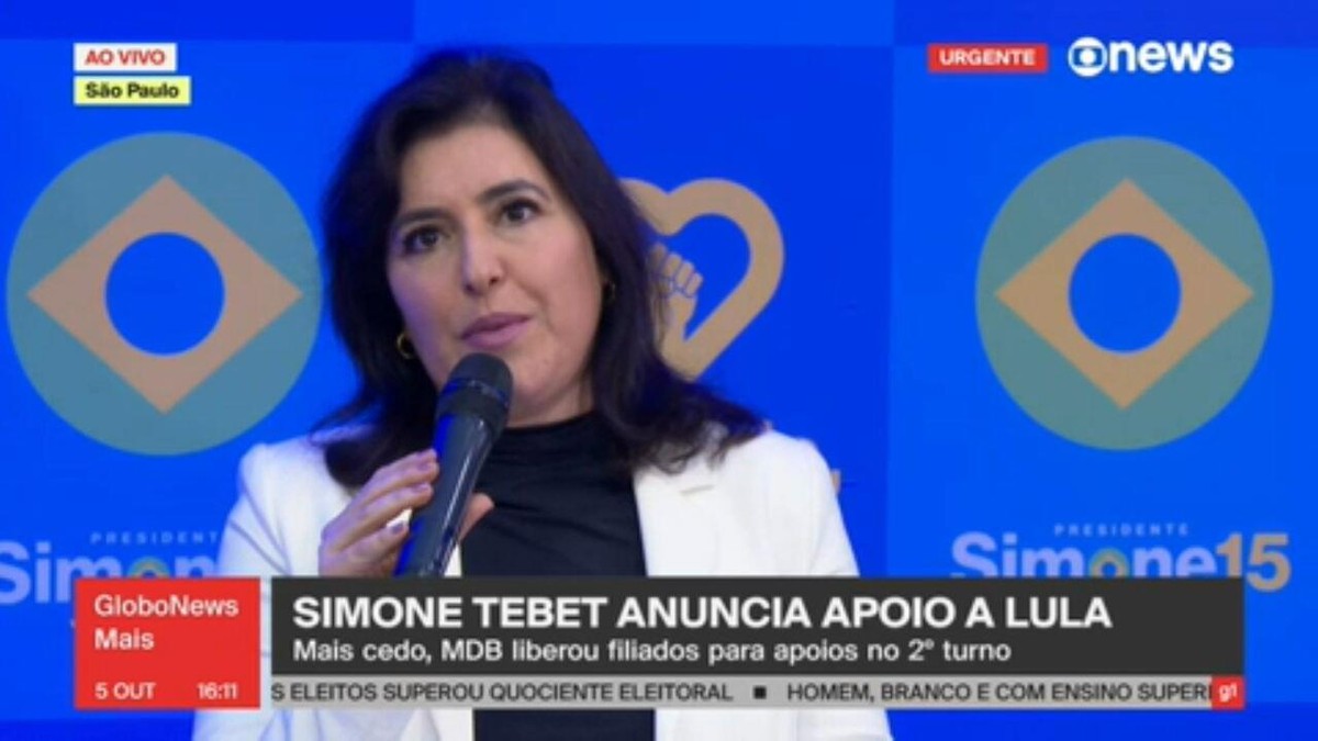 Simone Tebet, terceira colocada nas eleições, declara apoio a Lula no segundo turno | Eleições 2022 | G1