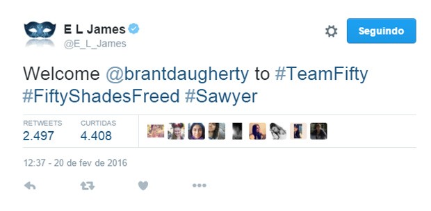 Escritora E.L. James fez anúncio de Brant Daugherty em seu Twitter (Foto: Reprodução/Twitter)