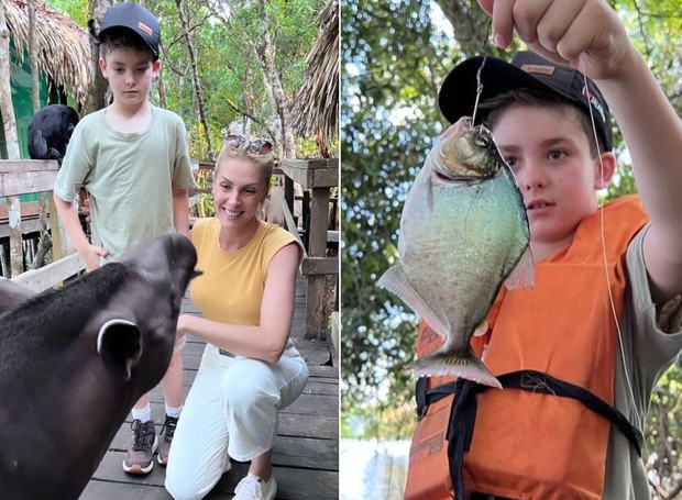 Ana Hickmann e o filho, Alexandre, observam uma anta; eles ainda fizeram uma pesca autorizada de piranhas (Foto: Arquivo pessoal)