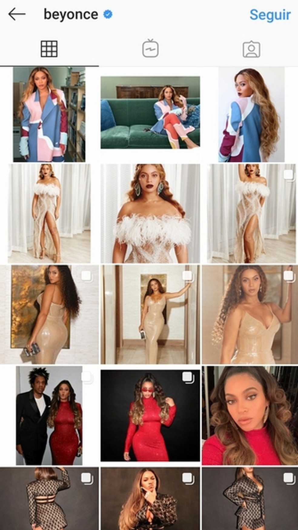 Beyoncé mantém o feed organizado em linhas, cada uma com um estilo e tom de cores diferentes — Foto: Reprodução/Instagram