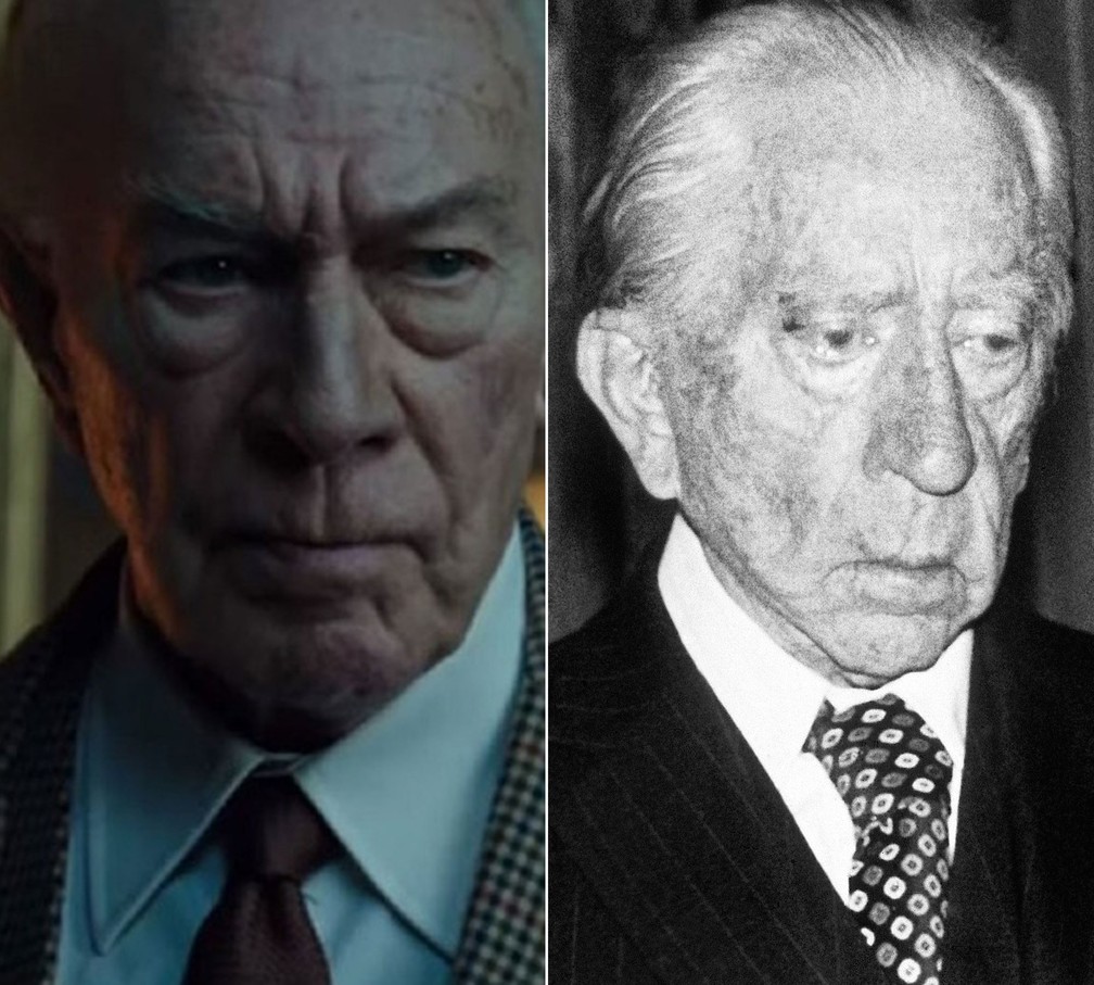 À esquerda: o ator Chistopher Plummer caracterizado como o bilionário J. Paul Getty em cena do filme 'Todo o dinheiro do mundo'; à direita: J. Paul Getty (Foto: Divulgação e David Caulkin/AP/Arquivo)
