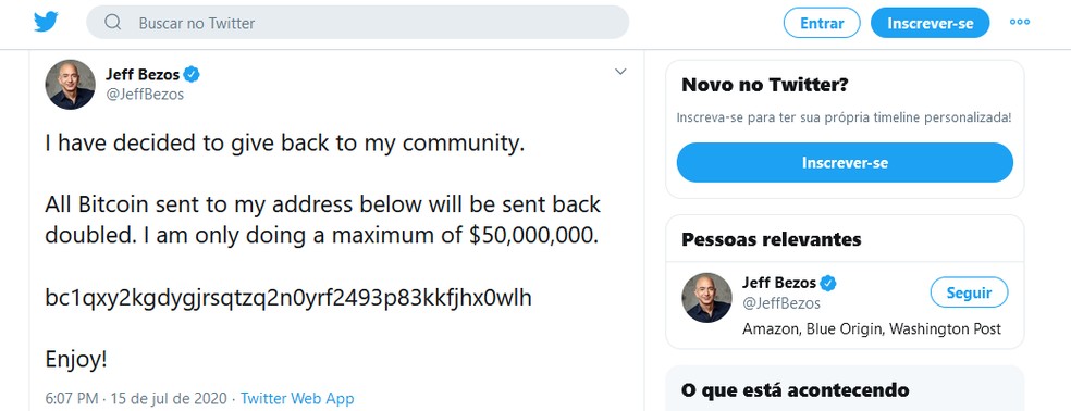 Mensagem com golpe envolvendo bitcoin apareceu no Twitter de Jeff Bezos, dono da Amazon — Foto: Reprodução/Twitter