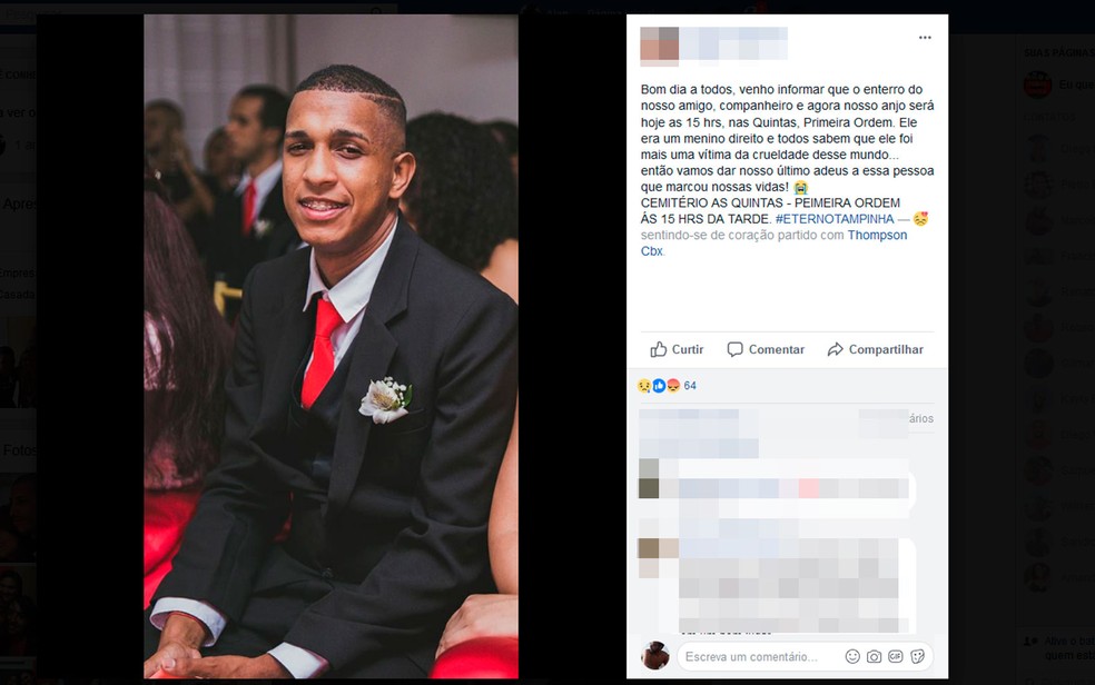 Familiares e amigos do jovem deixaram mensagens de luto nas redes sociais (Foto: Reprodução/Facebook)