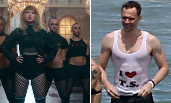 A cantora Taylor Swift com os dançarinos de seu novo clipe usando camisa semelhante com a declaração de amor a ela (Foto: Reprodução/Instagram)