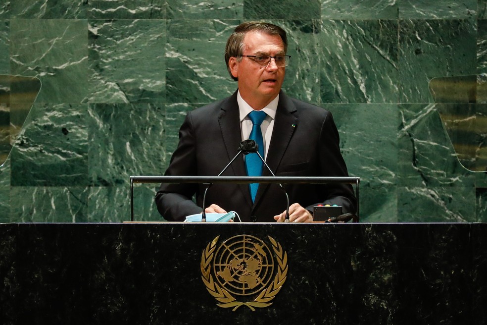 Presidente Jair Bolsonaro durante discurso na abertura da Assembleia Geral da ONU, em 2021 — Foto: Alan Santos/Infoglobo
